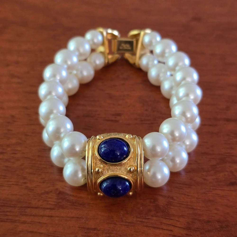 Napier Vintage Faux Pearl Lapis Double Strand Bracelet Blue Gold Book Piece 7in